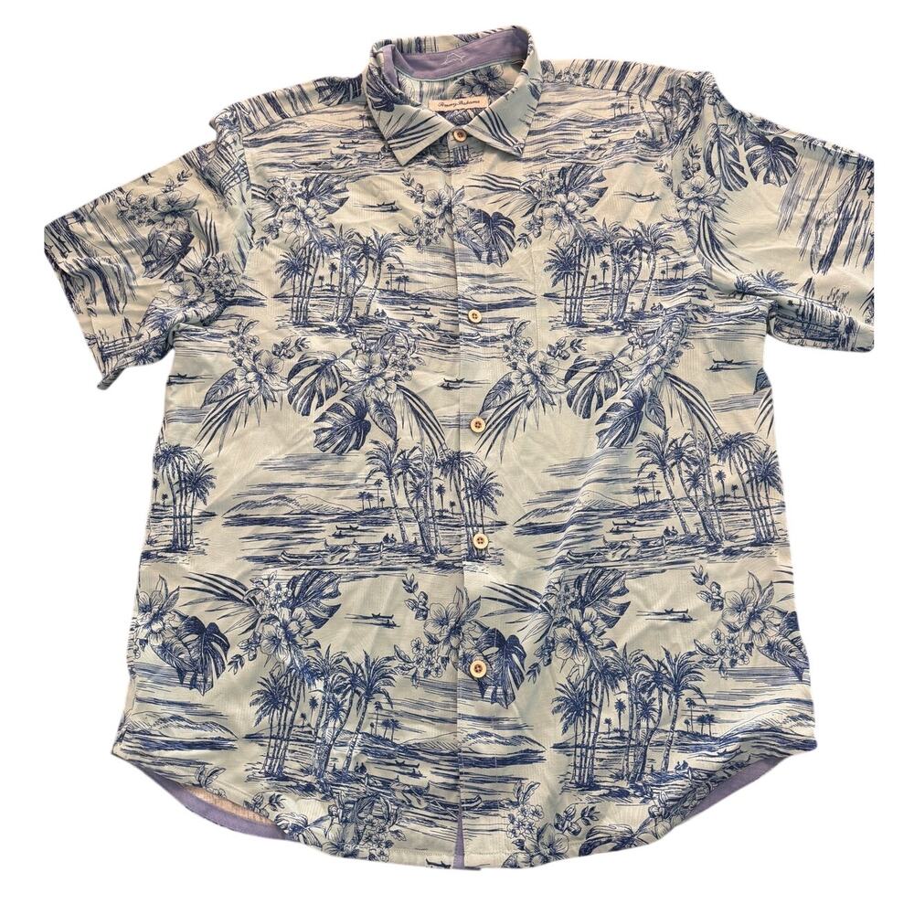 Tommy Bahama Men’s Large 100% Silk Hawaiian Shirt Blue Island Palm Tree Aloha